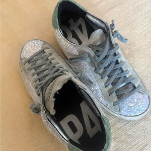 P448 Silver Glitter Sneakers with Green Accents